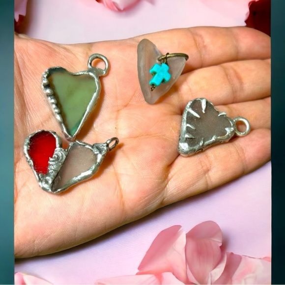 Artisan Light Green Sea Glass Concave Heart Pendant with Turquoise Cross Charm - Picture 11 of 12